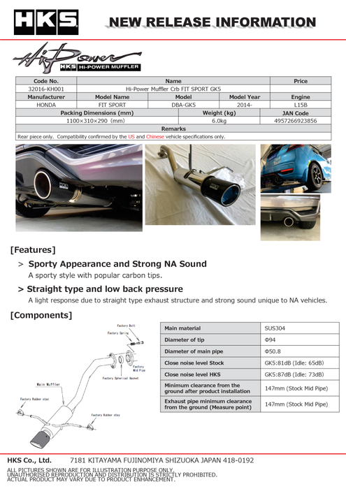 HKS 32016-KH001 Hi-Power Muffler 2014+ Honda Fit Sport GK5 w/ Carbon Tips