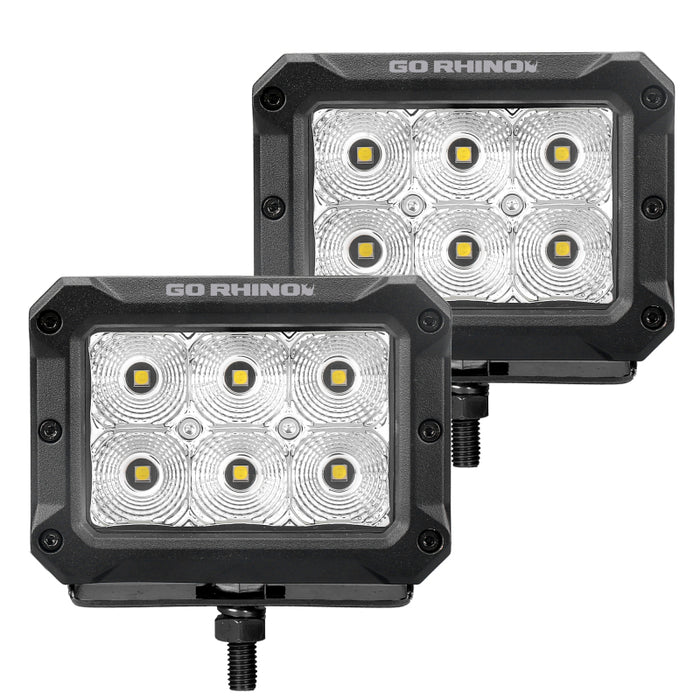 Go Rhino 753003023FBS Xplor Bright Series Rectangle LED Flood Light Kit (Surface/Thread Std Mnt) 4x3 - Blk (Pair)