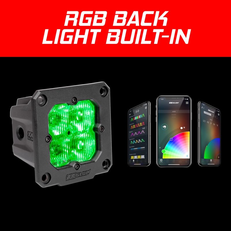 XKGLOW XK065002-D-KIT XK Glow Flush Mount XKchrome 20w LED Cube Light w/ RGB Accent Light Kit w/ Cntrlr- Driving Beam 2pc
