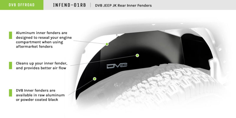 DV8 Offroad INFEND-01RB 07-18 Jeep Wrangler JK Rear Aluminum Inner Fender - Black