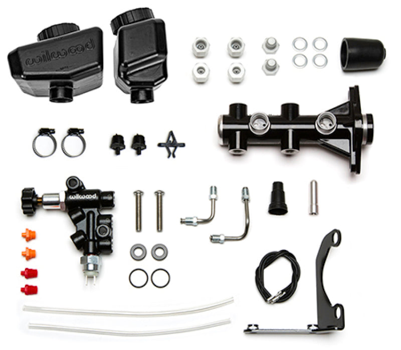 Wilwood 261-16963-BK Remote Tandem M/C Kit w/Bracket and Valve - 1.12in Bore Black