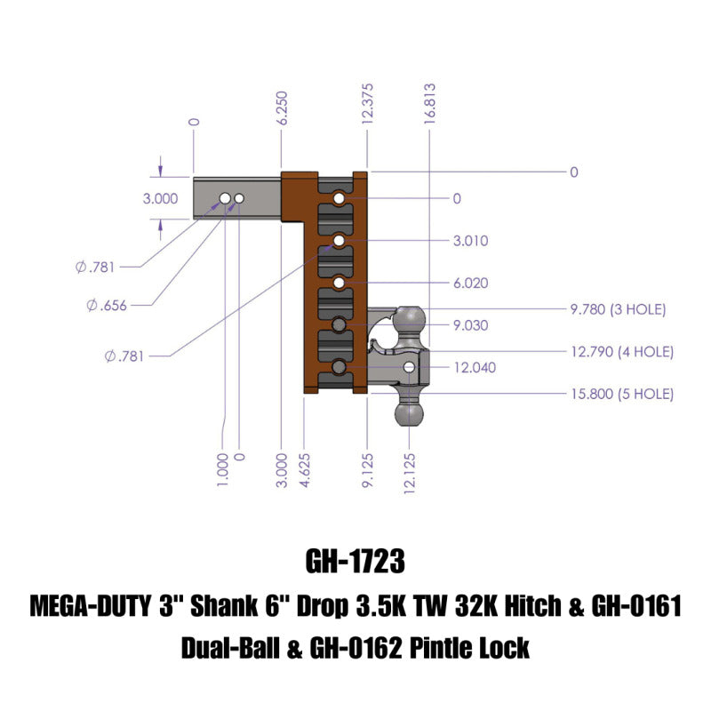 GEN-Y Hitch GH-1723 Gen-Y Mega Duty 3in Shank 6in Drop 3.5K TW 32K Hitch w/GH-0161 Dual-Ball/GH-0162 Pintle Lock