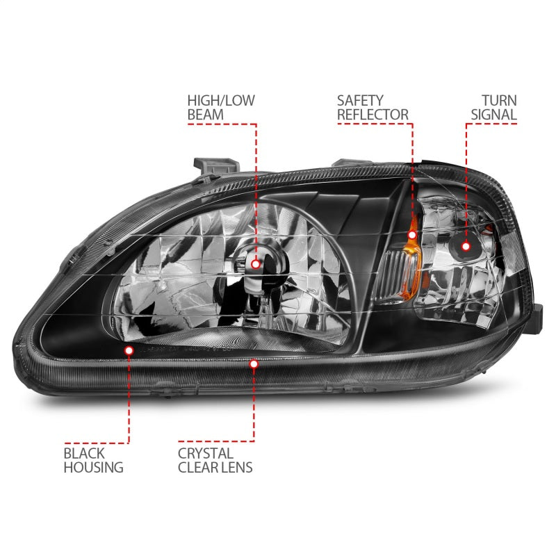 ANZO 121070 1999-2000 Honda Civic Crystal Headlights Black