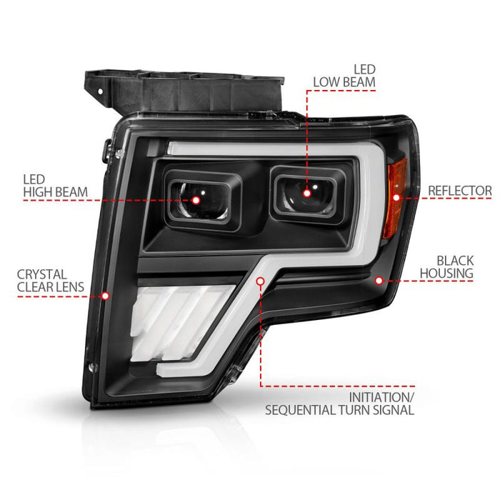 ANZO 111606 09-14 Ford F-150 Full LED Proj Headlights w/Initiation Feature - Black