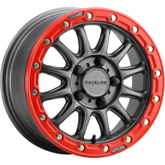 Raceline A14GR-57037+10 A14GR Alpha 15x7in/4x137 BP/10mm Offset/110.18mm Bore - Gunmetal & Red Ring Beadlock Wheel