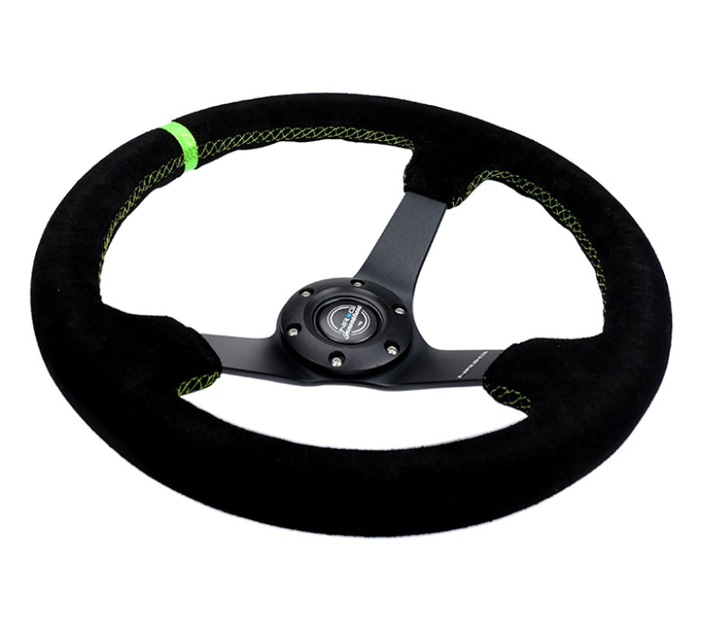 NRG RST-036MB-S-GN Reinforced Steering Wheel 350mm/3in. Deep Blk Suede/ Neon Green Stitch w/5mm Matte Black Spoke
