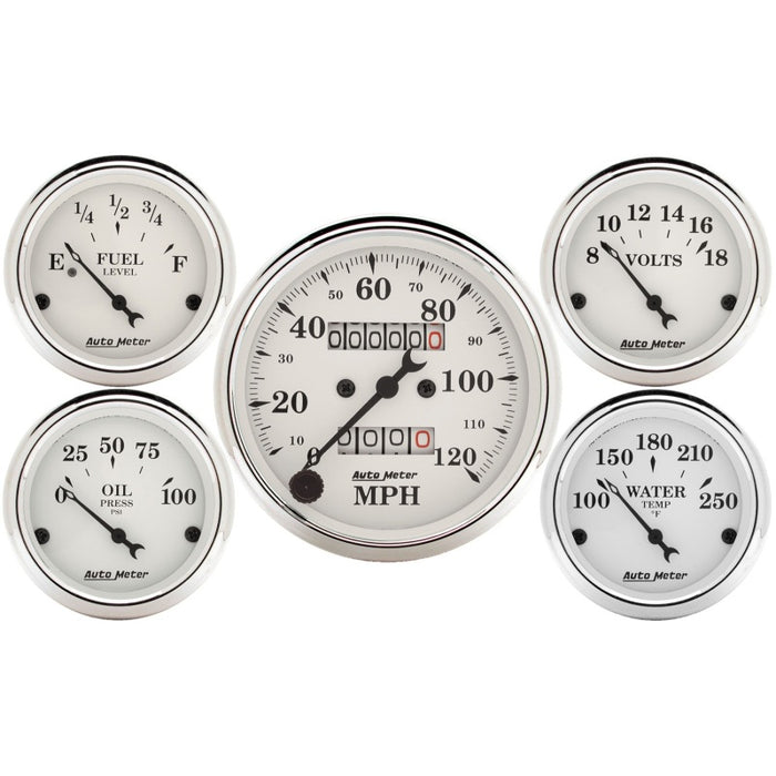 AutoMeter 1601 Auto Meter Speedometer 3-1/8in and 2-1/16in Mechanical 5-Piece Old Tyme White Gauge Kit