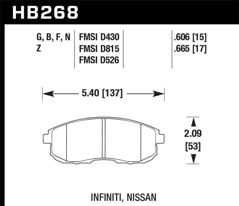 Hawk Performance HB268Z.665 Hawk 03-04 G35/03-05 G35X/ 02-05 350z w/o Brembo Performance Ceramic Street Front Brake Pads