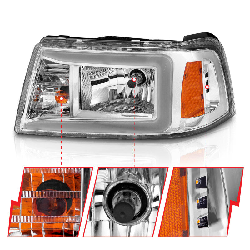 ANZO 111512 2001-2011 Ford Ranger Crystal Headlights w/ Light Bar Chrome Housing