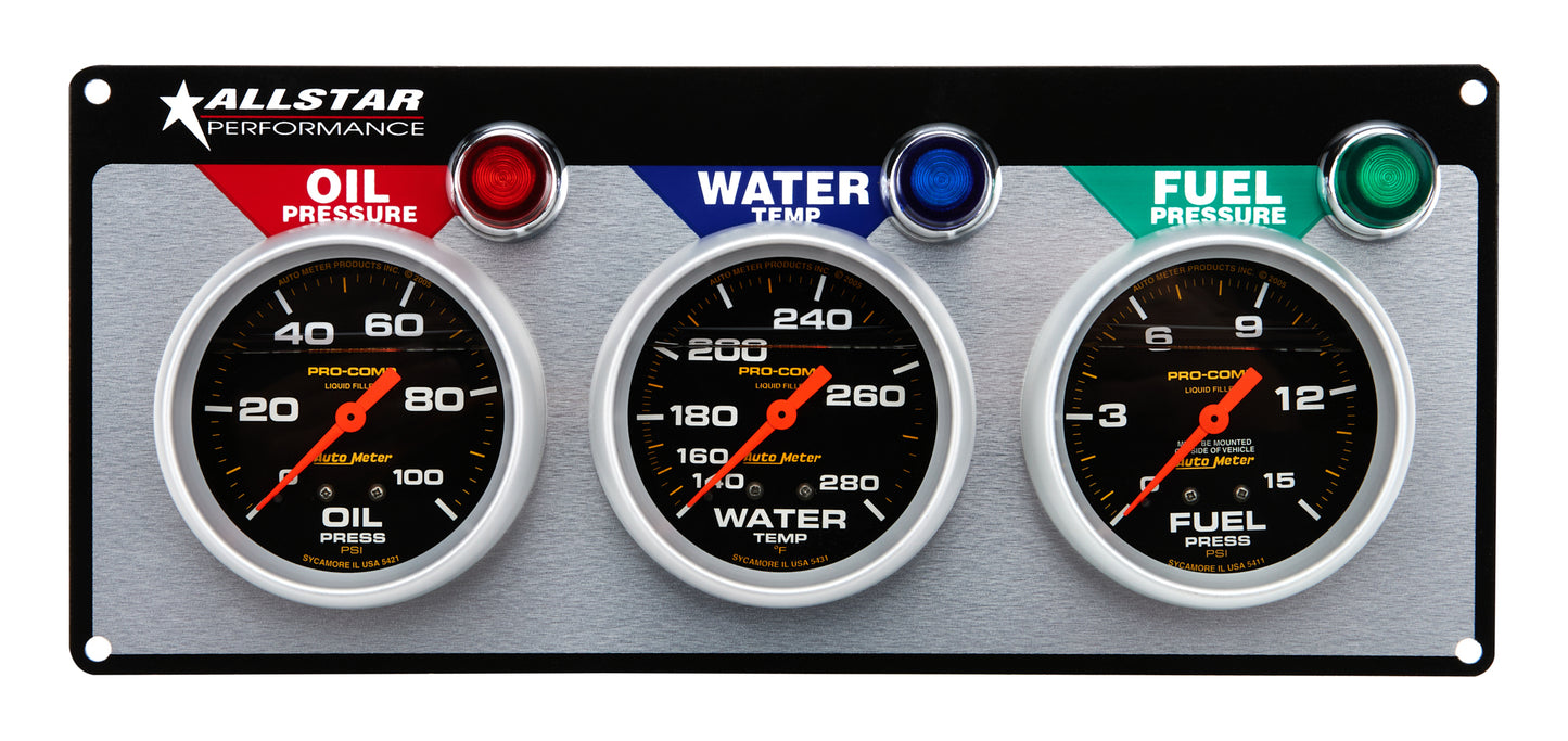 Allstar Performance ALL80123 3 Gauge Panel A/M OP/WT/FP Liquid Filled