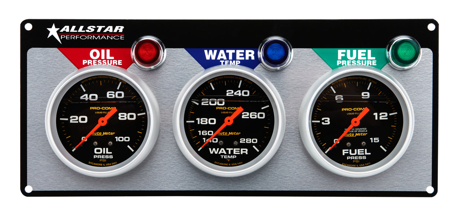 Allstar Performance ALL80123 3 Gauge Panel A/M OP/WT/FP Liquid Filled