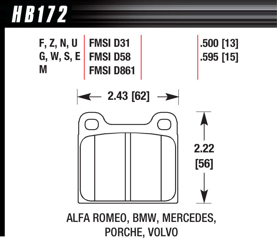 Hawk Brake HAWHB172E595 BRAKE PAD 64-00 EUROPEAN FRONT AND REAR
