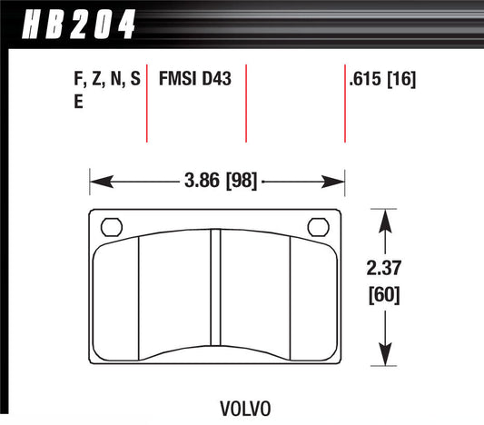 Hawk Brake HAWHB204N615 Brake Pads Volvo Front HP Plus
