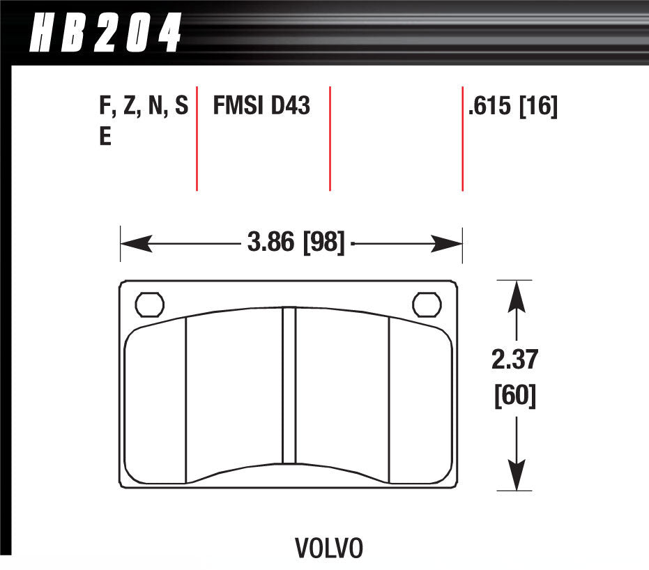Hawk Brake HAWHB204N615 Brake Pads Volvo Front HP Plus