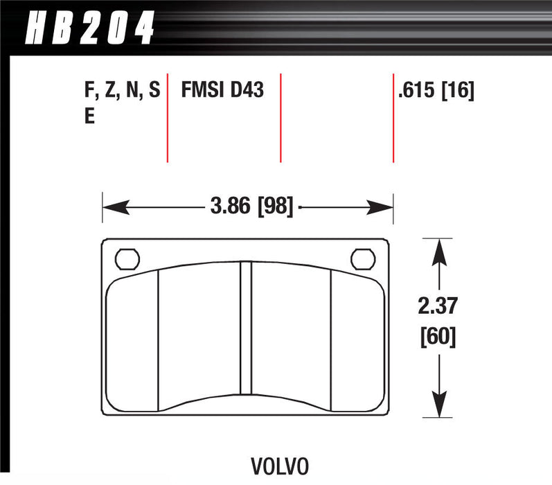 Hawk Brake HAWHB204N615 Brake Pads Volvo Front HP Plus