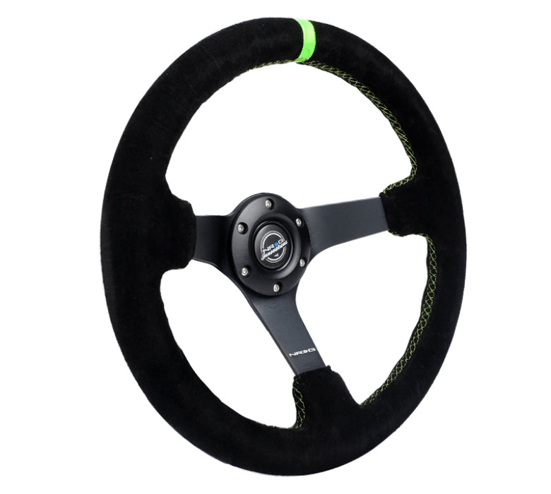 NRG RST-036MB-S-GN Reinforced Steering Wheel 350mm/3in. Deep Blk Suede/ Neon Green Stitch w/5mm Matte Black Spoke