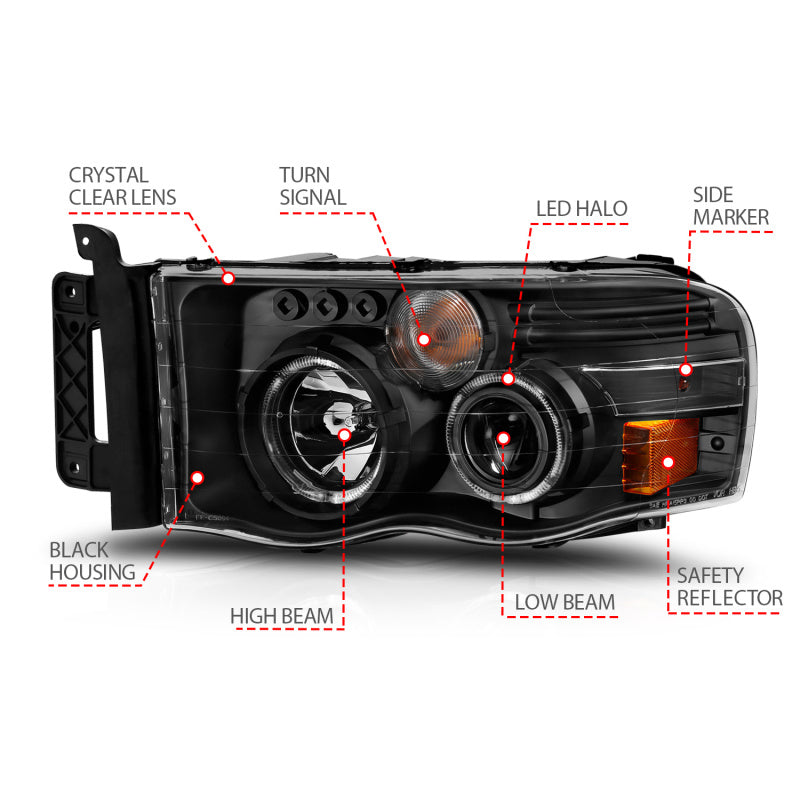 ANZO 111490 2002-2005 Dodge RAM 1500 Projector Headlights w/ Halo Black Clear Amber