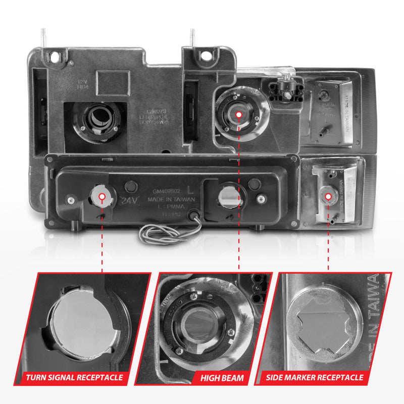 ANZO 111529 88-98 Chevrolet C1500 Crystal Headlights w/Light Bar Chrome Housing w/ Signal Side Markers 8Pcs