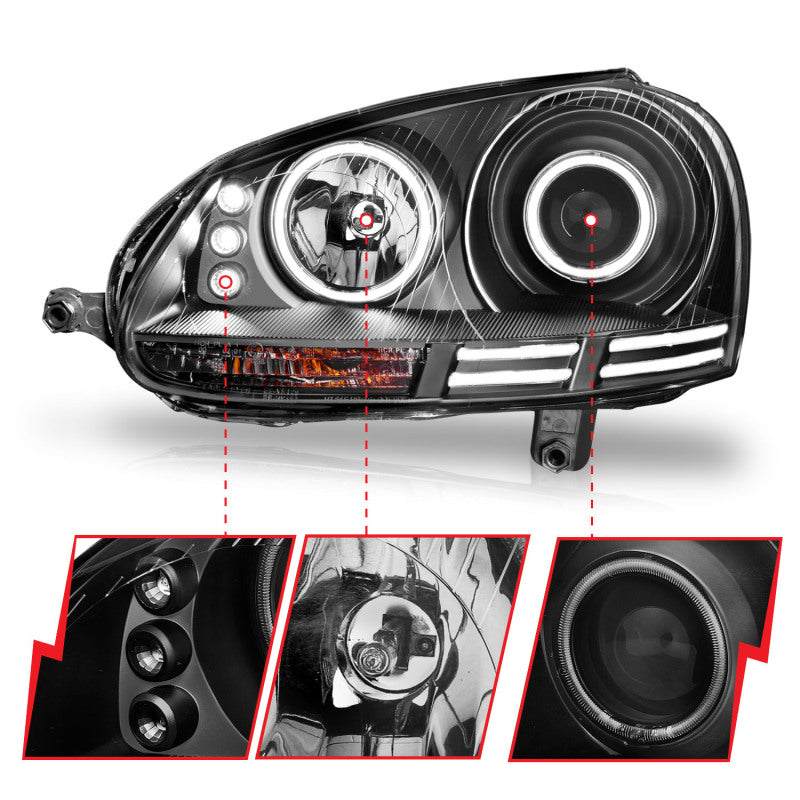 ANZO 121345 2006-2009 Volkswagen Rabbit Projector Headlights w/ Halo Black (CCFL)