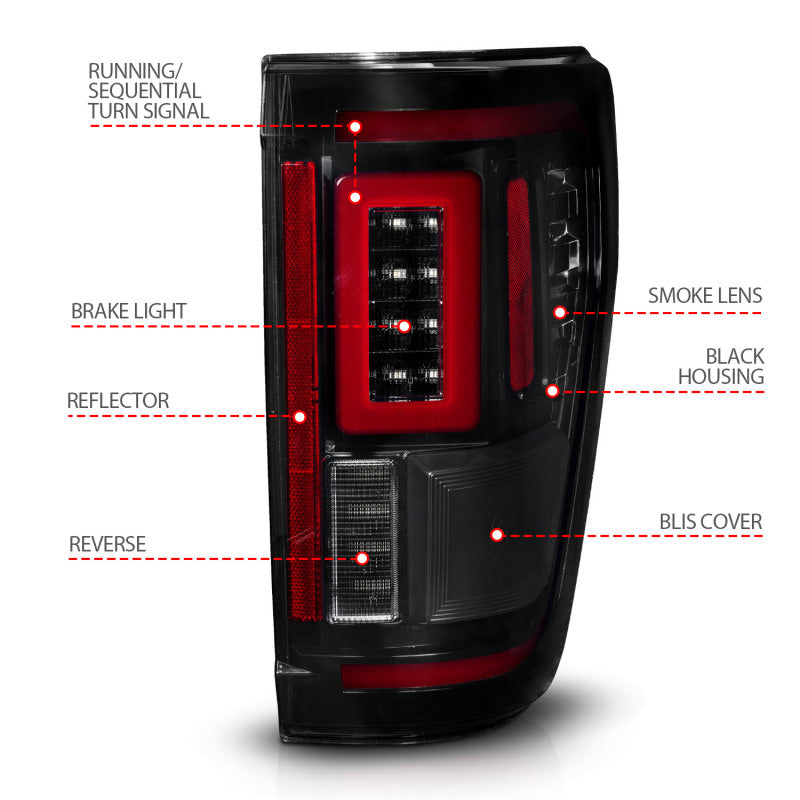 ANZO 311474 21-23 Ford F-150 LED Taillights Seq. Signal w/BLIS Cover - Black Smoke