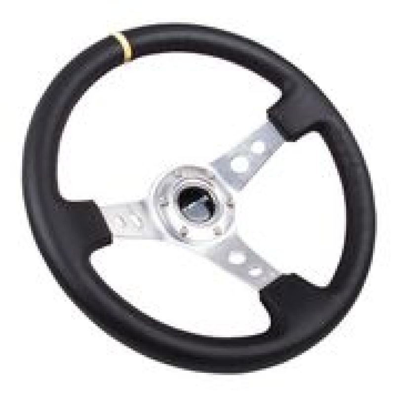 NRG RST-006SL-Y Reinforced Steering Wheel (350mm / 3in. Deep) Blk Leather w/Circle Cut Spokes & Single Yellow CM
