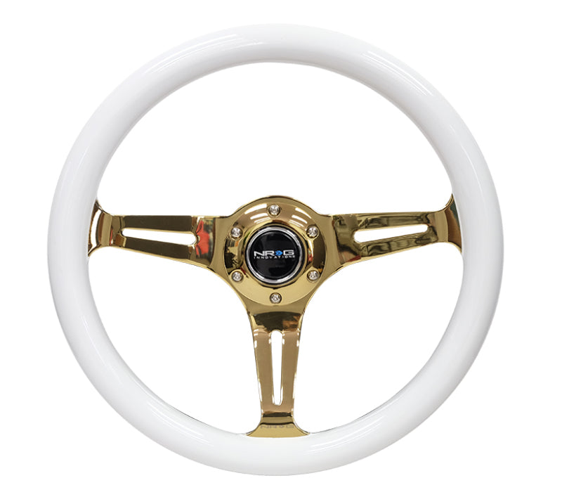 NRG ST-015CG-WT Classic Wood Grain Steering Wheel (350mm) White Grip w/Chrome Gold 3-Spoke Center
