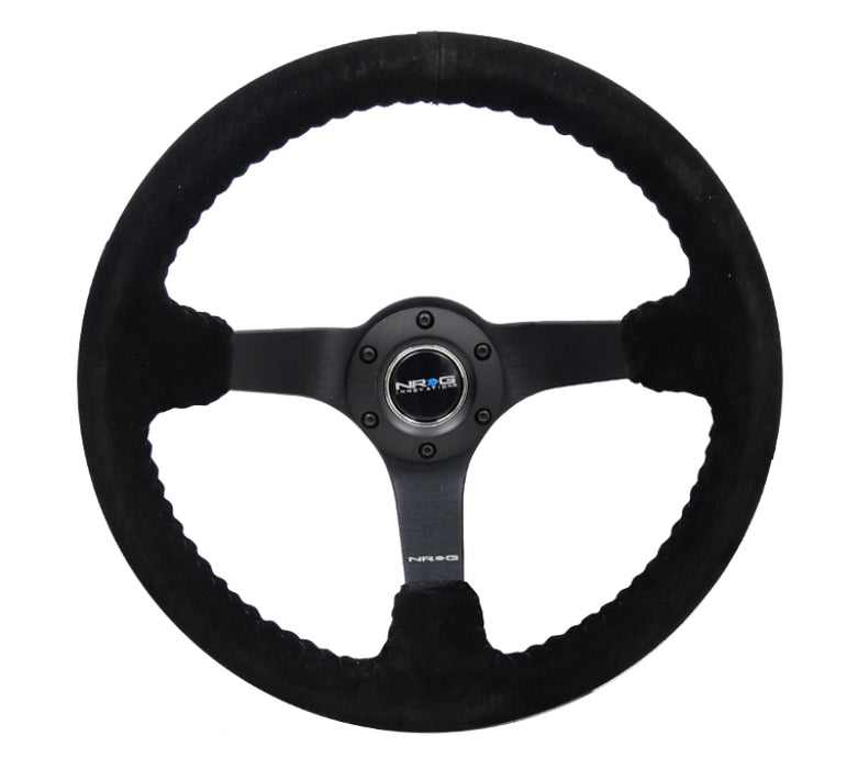NRG RST-036MB-S-BK Reinforced Steering Wheel (350mm / 3in. Deep) Blk Suede/Blk Bball Stitch w/5mm Matte Black Spoke