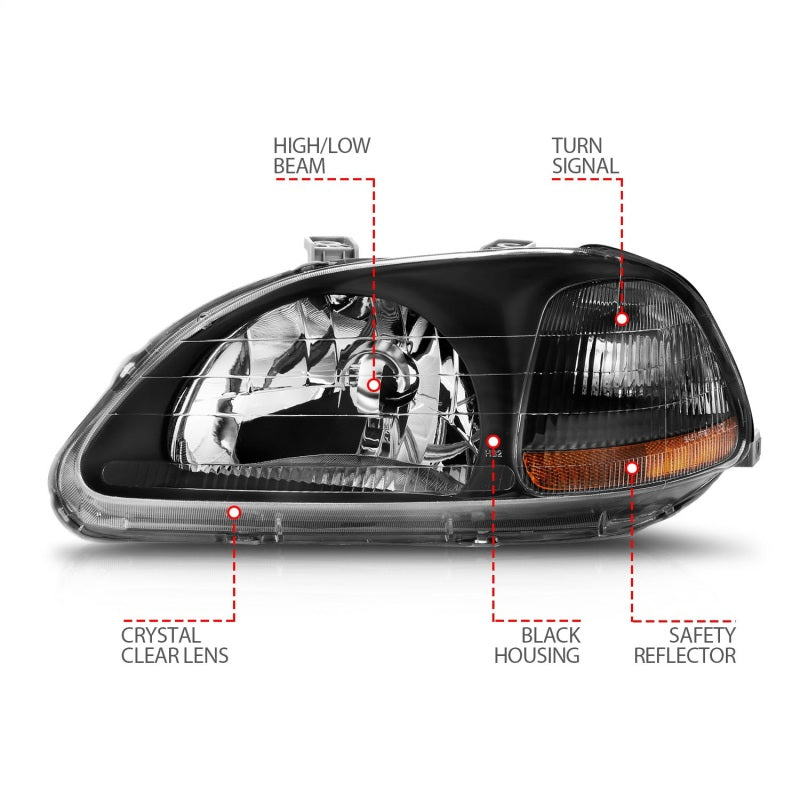 ANZO 121067 1996-1998 Honda Civic Crystal Headlights Black
