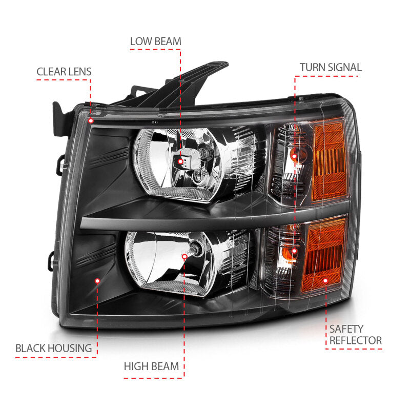 ANZO 111393 2007-2013 Chevrolet Silverado Crystal Headlights Black