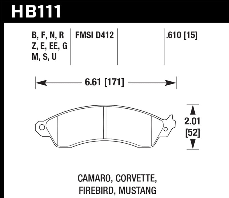 Hawk Performance HB111Z.610 Hawk 94-04 Mustang Cobra / 88-95 Corvette 5.7L / 88-92 Camaro w/ Hvy Duty Brakes Front Performance C