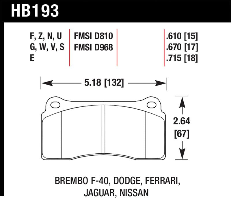 Hawk Performance HB193W.670 Hawk Dodge / Ferrari Front & Rear / Ferrari / Jaguar / Nissan Front DTC-30 Race Brake Pads