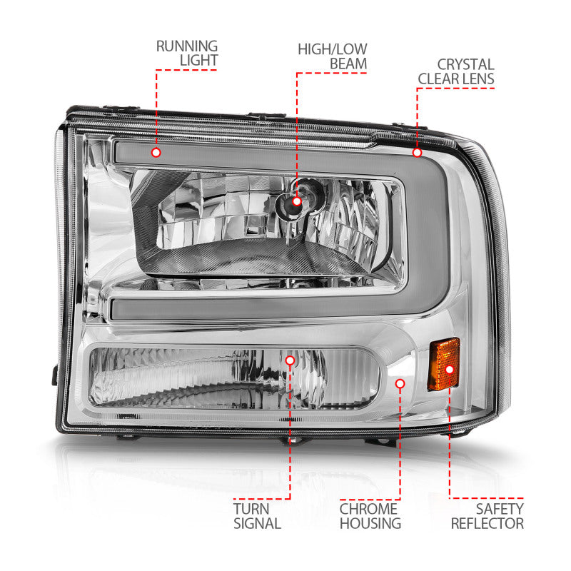 ANZO 111550 99-04 Ford F250/F350/F450/Excursion (excl. 99) Crystal Headlights - w/ Light Bar Chrome Housing