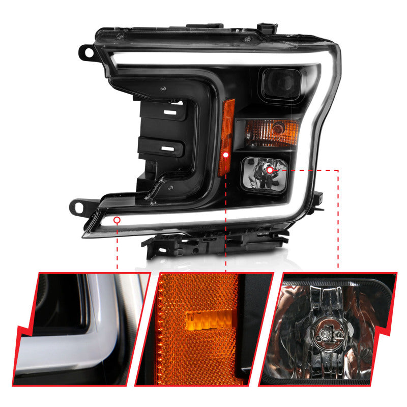 ANZO 111467 2018-2019 Ford F-150 Projector Plank Style H.L. Black Amber (Without Switchback)