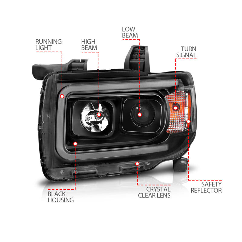 ANZO 111381 2015+ GMC Canyon Projector Headlights w/ Plank Style Design Black w/ Amber