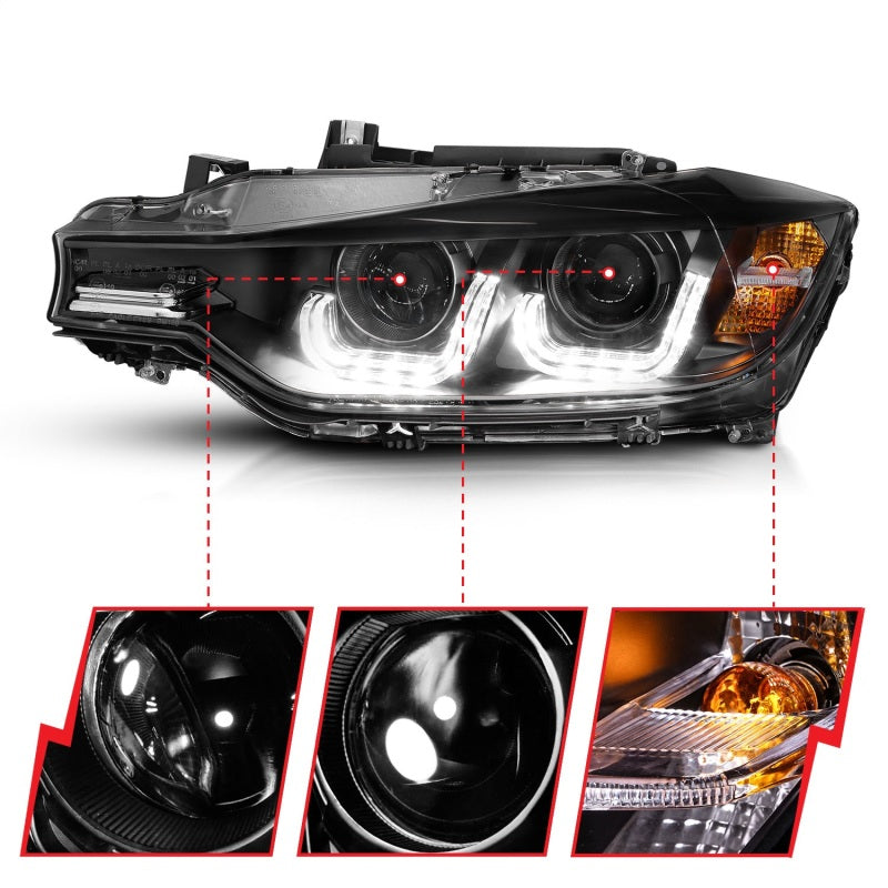 ANZO 121504 2012-2015 BMW 3 Series Projector Headlights w/ U-Bar Black