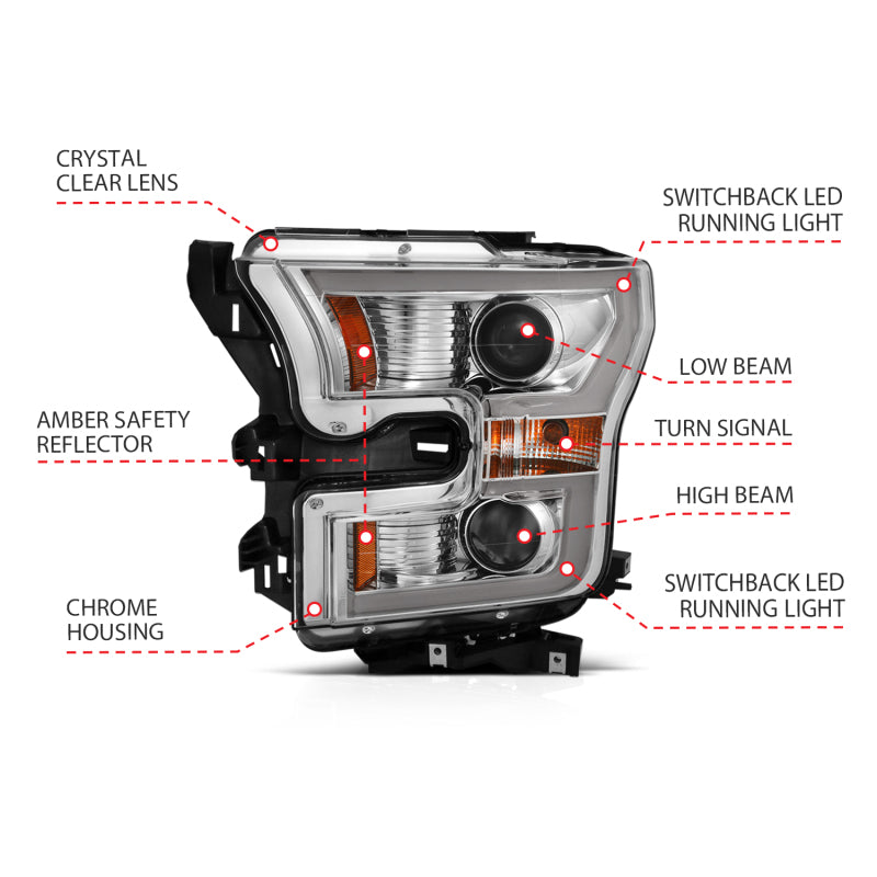 ANZO 111358 2015-2017 Ford F-150 Projector Headlights w/ Plank Style Switchback Chrome w/ Amber