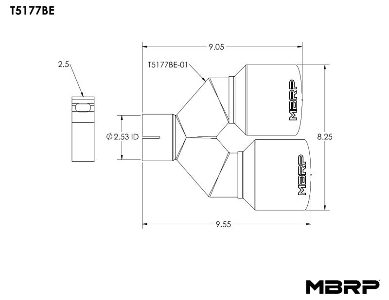 MBRP T5177BE Burnt End Tip 2.5 ID Dual 4 OD Out 9.55 length Single wall 304 Stainless Steel Pass Side