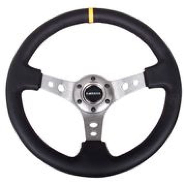 NRG RST-006GM-Y Reinforced Steering Wheel (350mm / 3in. Deep) Blk Leather w/Gunmetal Cutout Spoke & Yellow CM
