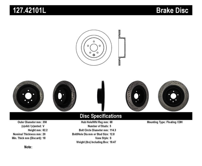 Stoptech 127.42101L StopTech Infiniti G37 / Nissan 370Z SportStop Slotted & Drilled Rear Left Rotor