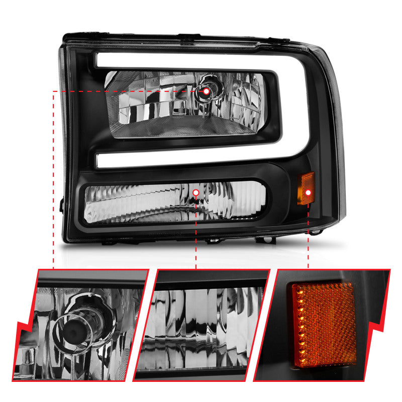 ANZO 111549 99-04 Ford F250/F350/F450/Excursion (excl. 99) Crystal Headlights - w/ Light Bar Black Housing