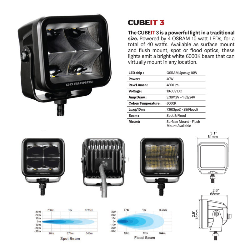 Go Rhino 750400321FCF Xplor Blackout Series Cube LED Flood Light Kit (Flush Mount) 3x3 - Blk (Pair)