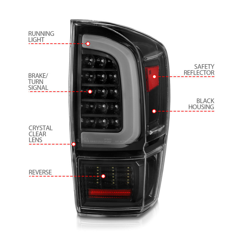 ANZO 311400 16-21 Toyota Tacoma LED Tail Lights - w/ Light Bar Sequential Black Housing & Clear Lens