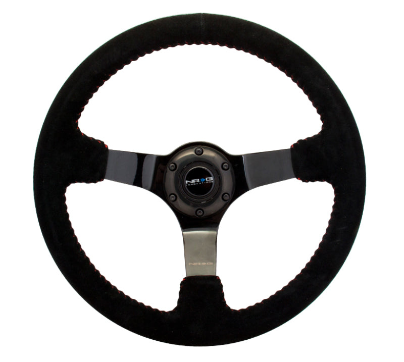 NRG RST-036BK-S Reinforced Steering Wheel (350mm / 3in. Deep) Blk Suede w/Red BBall Stitch & Black 3-Spoke