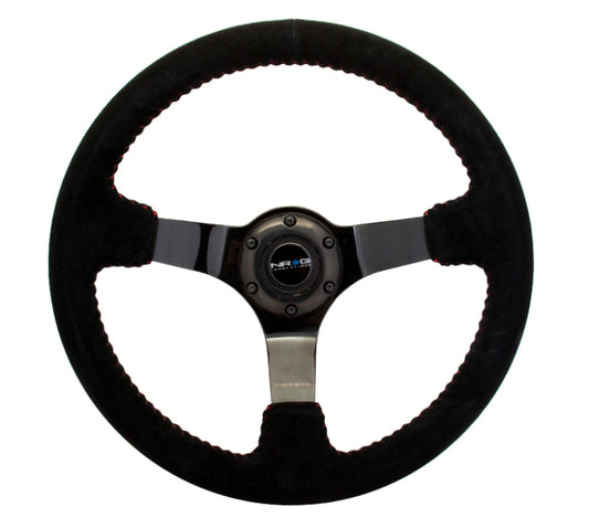 NRG RST-036BK-S Reinforced Steering Wheel (350mm / 3in. Deep) Blk Suede w/Red BBall Stitch & Black 3-Spoke