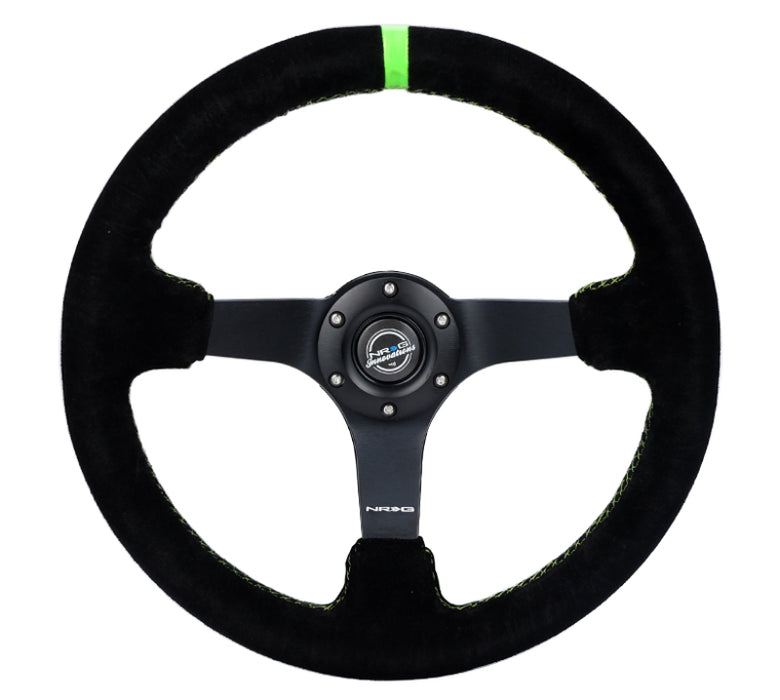 NRG RST-036MB-S-GN Reinforced Steering Wheel 350mm/3in. Deep Blk Suede/ Neon Green Stitch w/5mm Matte Black Spoke