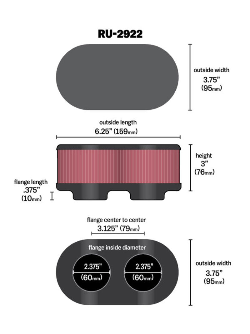 K&N Engineering RU-2922 K&N Filter Universal Filter 2 3/4 inch Dual Flange GSXR Oval (2/Box)