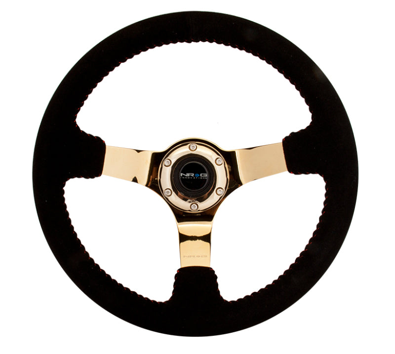 NRG RST-036GD-S Reinforced Steering Wheel (350mm / 3in. Deep) Blk Suede w/Red BBall Stitch & Chrome Gold 3-Spoke