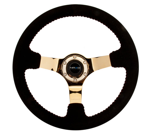 NRG RST-036GD-S Reinforced Steering Wheel (350mm / 3in. Deep) Blk Suede w/Red BBall Stitch & Chrome Gold 3-Spoke