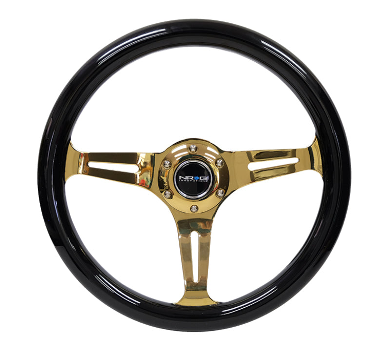 NRG ST-015CG-BK Classic Wood Grain Steering Wheel (350mm) Black Grip w/Chrome Gold 3-Spoke Center