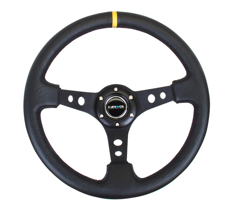 NRG RST-006BK-Y Reinforced Steering Wheel (350mm / 3in. Deep) Blk Leather w/Blk Cutout Spoke/Yellow Center Mark